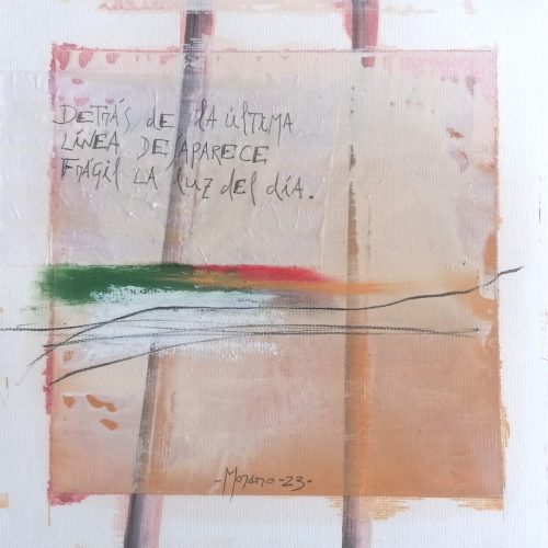 Tras la última línea. 2023. Oleo s/papel. 24x24 cm.